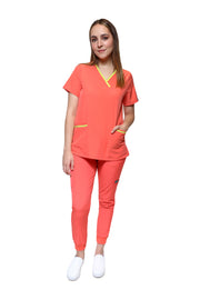 Conjunto SET Filipina y Pantalón JOGGER EV-18 CANDY REPELENTE A FLUIDOS-Color Durazno/Lima Dama-Ana Isabel Uniformes